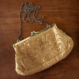 Vintage La Regale Gold Hand Beaded Evening Bag with Kiss Lock and Chain Strap